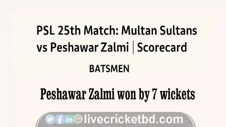 PSL 25th Match: Peshawar Zalmi Wins by 7 Wickets | Full Scorecard